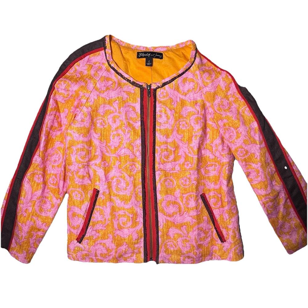 Elizabeth and James 100% Linen Floral Brocade Boho Jacket Pink Gold Zip Front 2